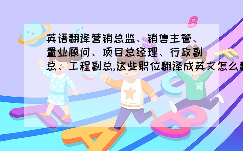 英语翻译营销总监、销售主管、置业顾问、项目总经理、行政副总、工程副总,这些职位翻译成英文怎么翻,要地道点的,