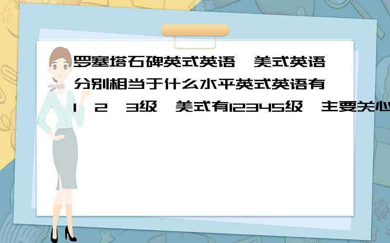 罗塞塔石碑英式英语、美式英语分别相当于什么水平英式英语有1、2、3级,美式有12345级,主要关心英式3级和美式4、5级相当于四、六级?有人知道吗？知道多少说多少吧。