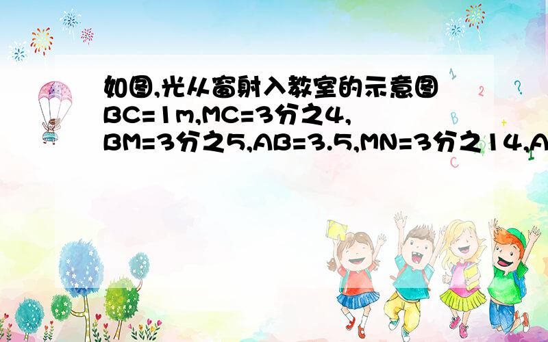 如图,光从窗射入教室的示意图BC=1m,MC=3分之4,BM=3分之5,AB=3.5,MN=3分之14,AN长?