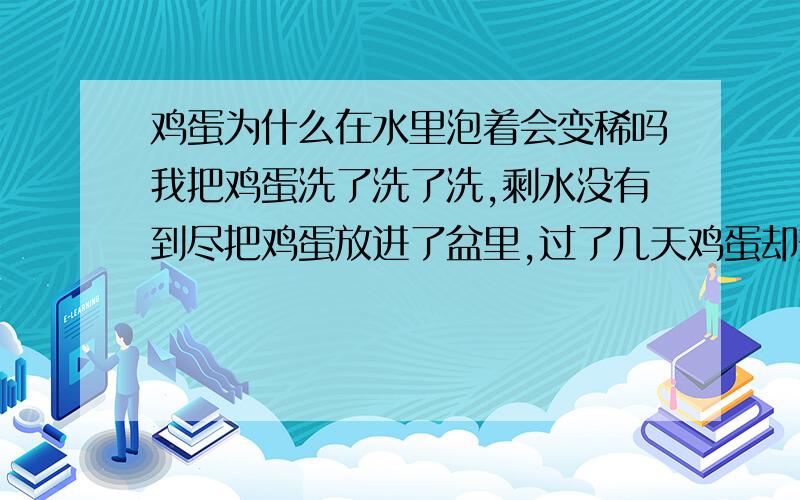 鸡蛋为什么在水里泡着会变稀吗我把鸡蛋洗了洗了洗,剩水没有到尽把鸡蛋放进了盆里,过了几天鸡蛋却变的稀了,到锅里煮都是些沫沫