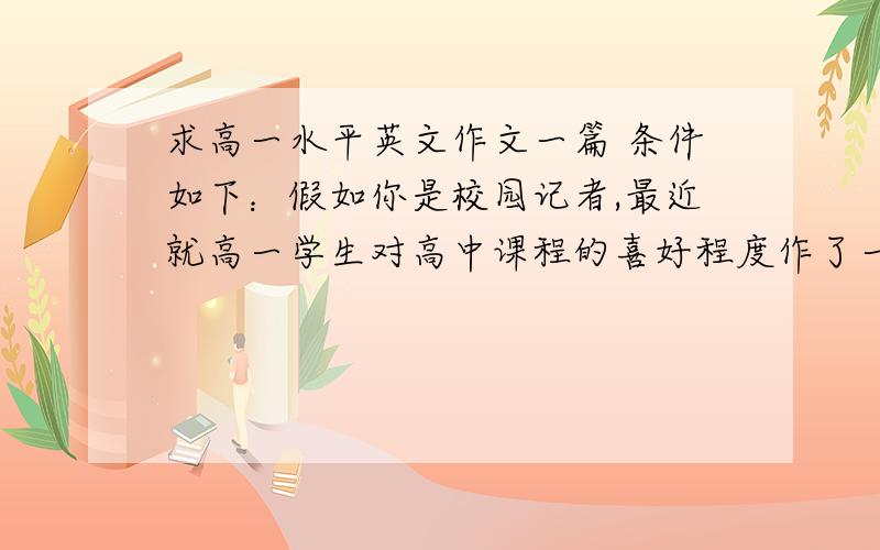 求高一水平英文作文一篇 条件如下：假如你是校园记者,最近就高一学生对高中课程的喜好程度作了一次调查.请根据下面信息用英语写一篇作文：英语55% 注意：1词数：100词左右2可适当增加