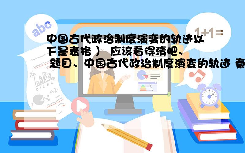 中国古代政治制度演变的轨迹以下是表格 ） 应该看得清吧、 题目、中国古代政治制度演变的轨迹 秦 汉 唐 宋 元 明 清中央 中央管制及措施 监察制度 地方 地方行政区划和措施 监察制度