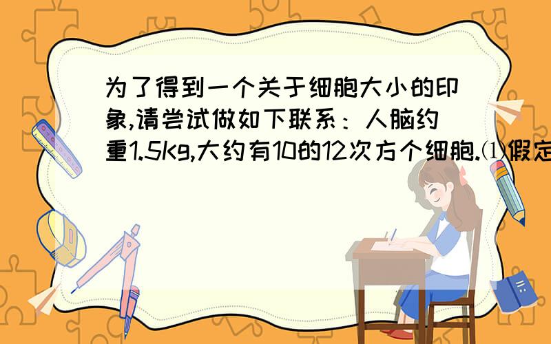 为了得到一个关于细胞大小的印象,请尝试做如下联系：人脑约重1.5Kg,大约有10的12次方个细胞.⑴假定每个细胞都完全装满水,试计算一个脑细胞的平均大小,⑵如果脑细胞是简单的立方体,那么