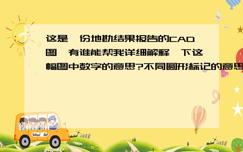 这是一份地勘结果报告的CAD图,有谁能帮我详细解释一下这幅图中数字的意思?不同圆形标记的意思?就是图中圆点右侧的分数,上下的数字分别表示什么意思?还有圆圈本身是什么意思,因为圆圈