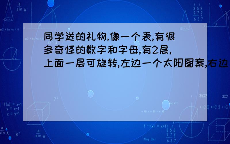 同学送的礼物,像一个表,有很多奇怪的数字和字母,有2层,上面一层可旋转,左边一个太阳图案,右边月亮这是干什么用的?像罗盘一样,问题是送的人也不知道这是什么东西