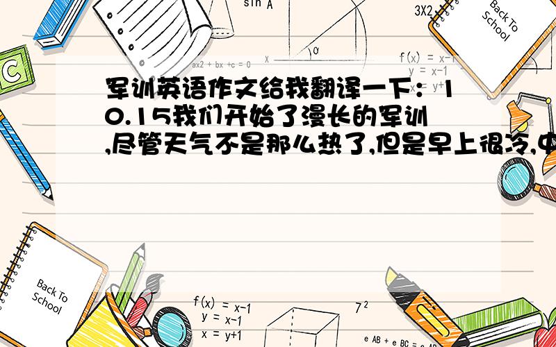 军训英语作文给我翻译一下：10.15我们开始了漫长的军训,尽管天气不是那么热了,但是早上很冷,中午的温度还是很高,大家在操场上站军资特别的累,而且站的 时间很长,还有走正步,练习转体．