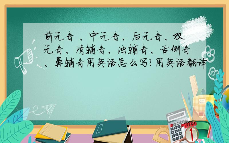 前元音 、中元音、后元音、双元音、清辅音、浊辅音、舌侧音、鼻辅音用英语怎么写?用英语翻译