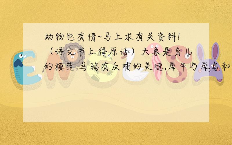 动物也有情~马上求有关资料!（语文书上得原话）大象是育儿的模范,乌鸦有反哺的美德,犀牛与犀鸟和睦相处……动物世界有知恩图报的行为,也有互助互惠的现象.（回归我的正题）请大家速