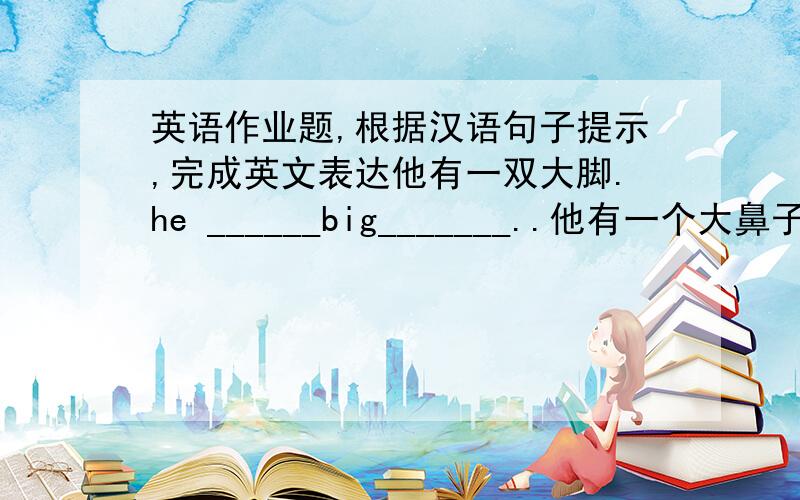 英语作业题,根据汉语句子提示,完成英文表达他有一双大脚.he ______big_______..他有一个大鼻子和一张大嘴.he____ a_____ nose and a _______mouth.