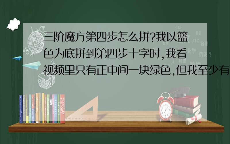 三阶魔方第四步怎么拼?我以篮色为底拼到第四步十字时,我看视频里只有正中间一块绿色,但我至少有两块绿色,正中间一块,还有四边任一边中间一块,所以怎么转也拼不出十字,你能教教我吗?