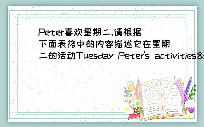 Peter喜欢星期二,请根据下面表格中的内容描述它在星期二的活动Tuesday Peter's activities8:00am have math9:00am have history12:00 have lunch at school2:00pm have music3:00pm have basketball for an hourI'm Peter.Tuesday is my favo