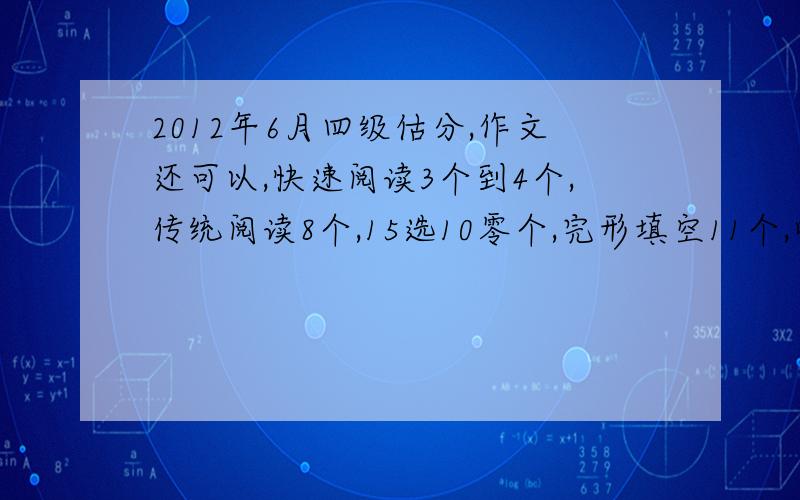 2012年6月四级估分,作文还可以,快速阅读3个到4个,传统阅读8个,15选10零个,完形填空11个,听力选择11个