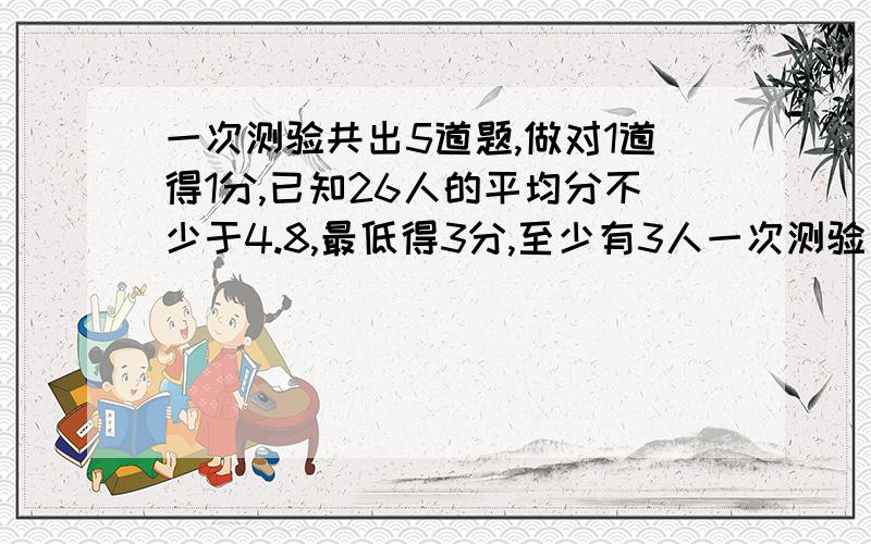 一次测验共出5道题,做对1道得1分,已知26人的平均分不少于4.8,最低得3分,至少有3人一次测验出了5道题,做对一题得1分,已知26人的平均分不少于4.8分,最低3分至少有3人得4分,得5分的人有几个?