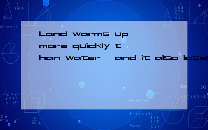 Land warms up more quickly than water ,and it also loses its heat more quickly.(翻译成中文)