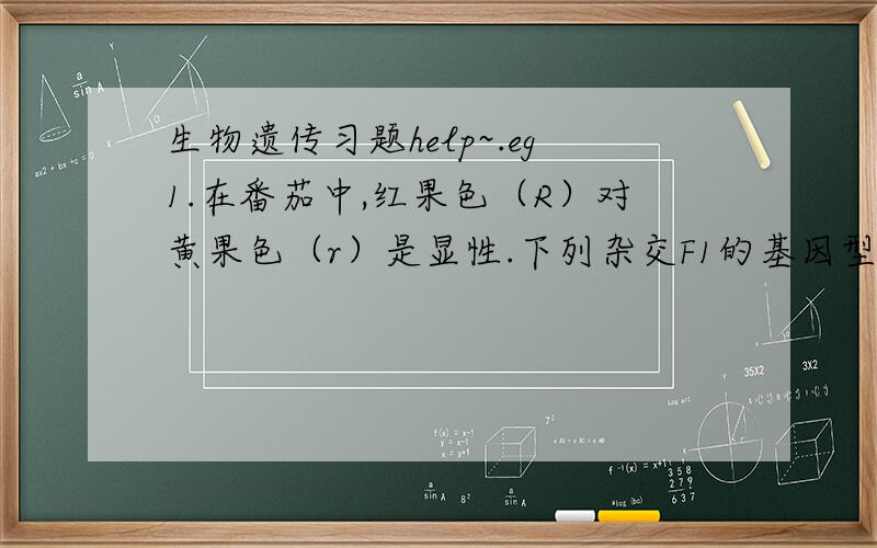 生物遗传习题help~.eg1.在番茄中,红果色（R）对黄果色（r）是显性.下列杂交F1的基因型和表型及其比例如何?(1)Rr×RR(2)Rr×Rr(3)rr×RReg2.一位女士的血型为AB型,男士的血型为O型,他们的亲生子女将