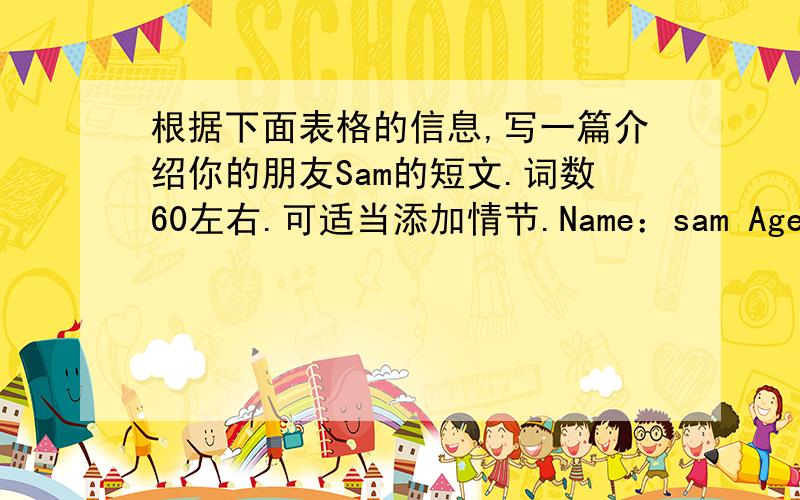 根据下面表格的信息,写一篇介绍你的朋友Sam的短文.词数60左右.可适当添加情节.Name：sam Age：13Like：basketball,swimming,drawing,musicFavoritefood：fish and chipsAppearance：short and straight hair,big eyes,medium heig