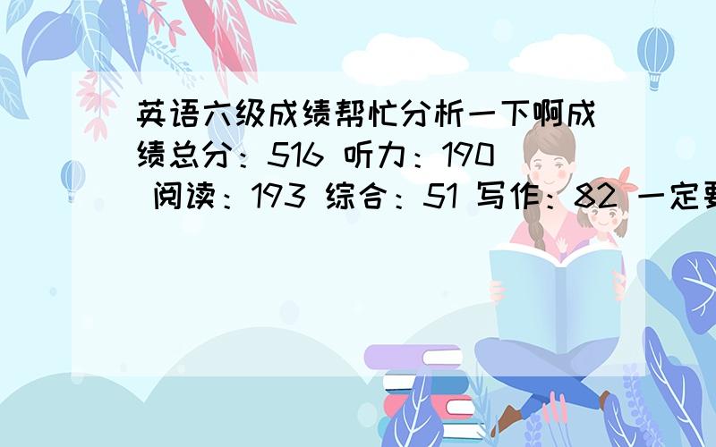 英语六级成绩帮忙分析一下啊成绩总分：516 听力：190 阅读：193 综合：51 写作：82 一定要客观,有依据,比如听力满分是多少,共有多少选项,结合上面成绩说明我错了多少,并给上建议