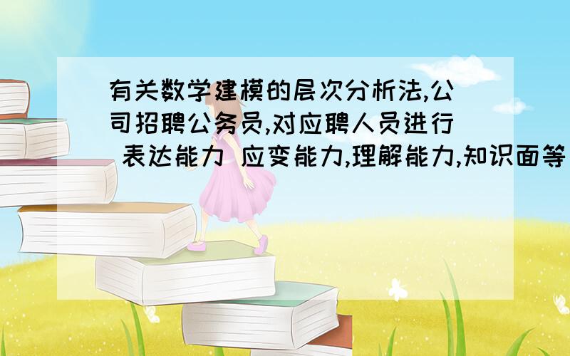 有关数学建模的层次分析法,公司招聘公务员,对应聘人员进行 表达能力 应变能力,理解能力,知识面等四方面的检测,考察的重点依次是表达能力,应变能力,理解能力,知识面．如果对应聘人员检