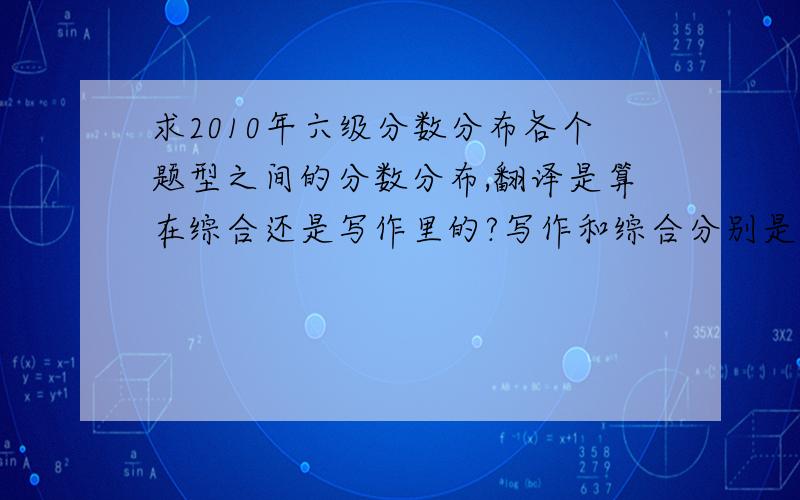 求2010年六级分数分布各个题型之间的分数分布,翻译是算在综合还是写作里的?写作和综合分别是多少分值?