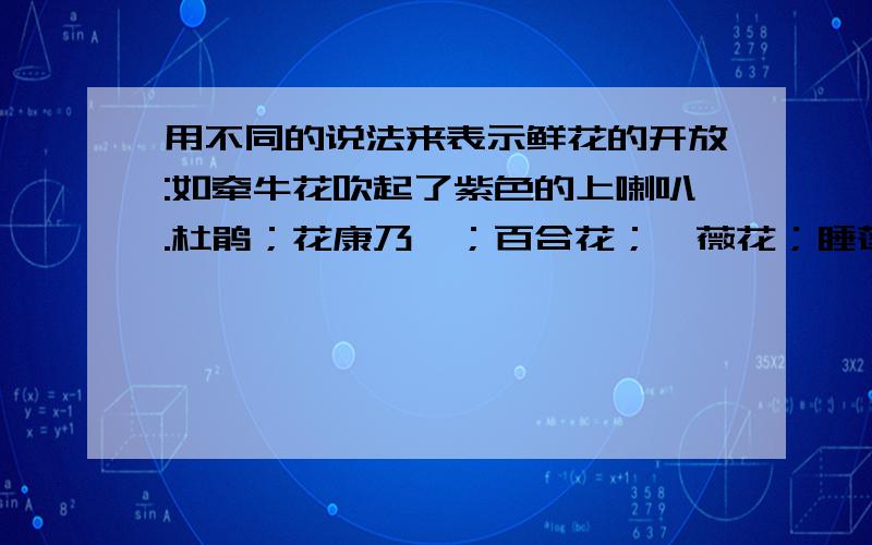 用不同的说法来表示鲜花的开放:如牵牛花吹起了紫色的上喇叭.杜鹃；花康乃馨；百合花；蔷薇花；睡莲；昙花