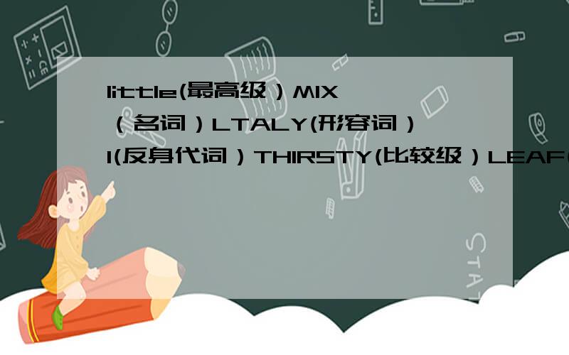 little(最高级）MIX（名词）LTALY(形容词）I(反身代词）THIRSTY(比较级）LEAF(形容词）DIFFERENT（名词）