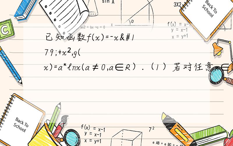 已知函数f(x)=-x³+x²,g(x)=a*lnx(a≠0,a∈R）.（1）若对任意x∈[1,e],使得g(x)>=-x²+(a+2)x恒成立,求实数a的取值范围；（2）若F（x)={f(x),x=1 曲线y=F(x)上是否总存在两点P、Q,使得三角形POQ是以O(O