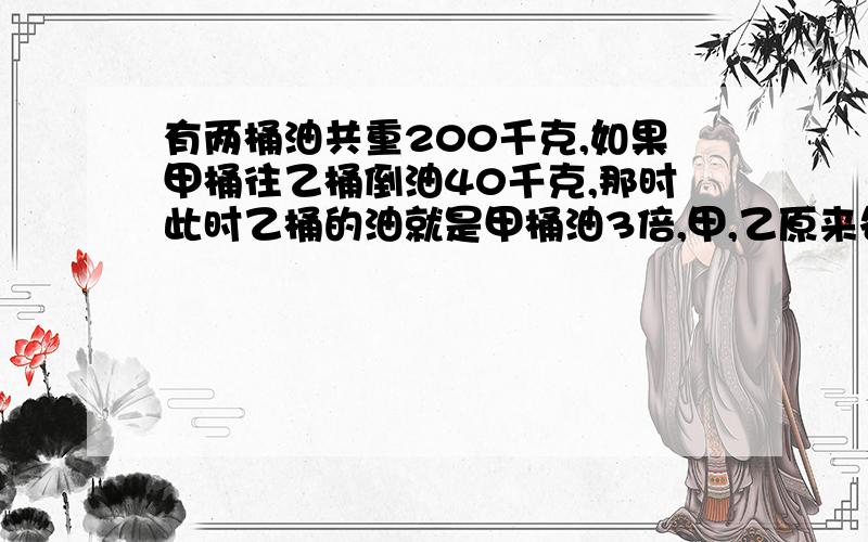 有两桶油共重200千克,如果甲桶往乙桶倒油40千克,那时此时乙桶的油就是甲桶油3倍,甲,乙原来各有多少油,三年,