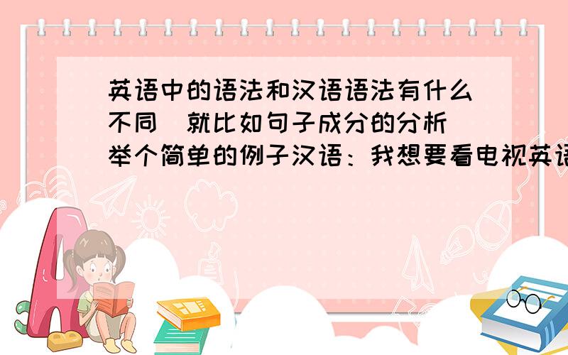 英语中的语法和汉语语法有什么不同（就比如句子成分的分析）举个简单的例子汉语：我想要看电视英语：l want to watch TV请分别分析句子成分还有其他不同的地方也请指出,