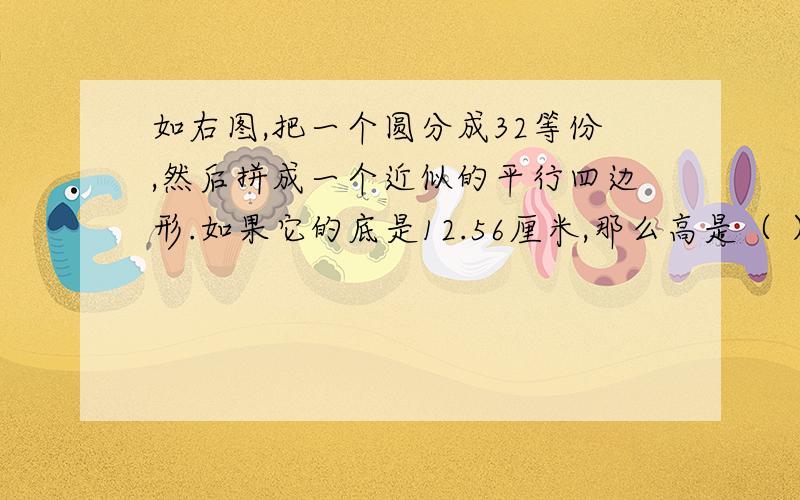 如右图,把一个圆分成32等份,然后拼成一个近似的平行四边形.如果它的底是12.56厘米,那么高是（ ）厘米；原来的圆周长是（ ）厘米,面积是（ ）平方厘米.