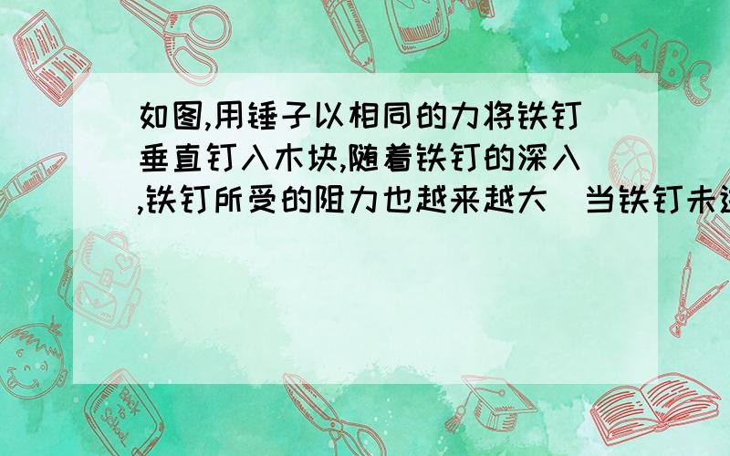 如图,用锤子以相同的力将铁钉垂直钉入木块,随着铁钉的深入,铁钉所受的阻力也越来越大．当铁钉未进入木块部分长度足够时,每次钉入木块的铁钉长度是前一次的 1/2,已知这个铁钉被敲击3次