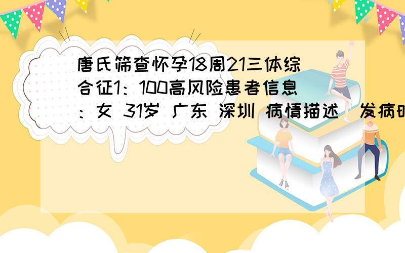 唐氏筛查怀孕18周21三体综合征1：100高风险患者信息：女 31岁 广东 深圳 病情描述(发病时间、主要症状等)：唐氏筛查怀孕18周21三体综合征1：100高风险想得到怎样的帮助：应该怎么办,需不需