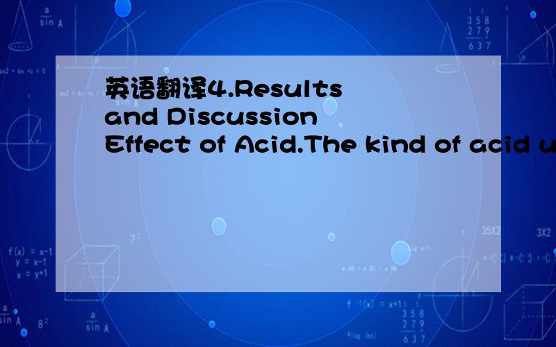 英语翻译4.Results and DiscussionEffect of Acid.The kind of acid used in the aqueousphase had a significant effect on the phase compositionof the TiO2 product.The feedstock was prepared asfollows:3.4 mL of tetrabutyl titanate and 4.0 or 8.0 mLacid