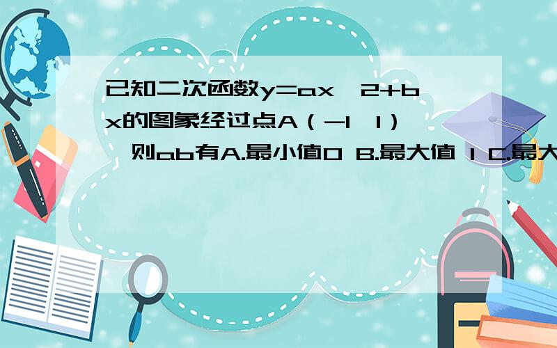 已知二次函数y=ax^2+bx的图象经过点A（-1,1）,则ab有A.最小值0 B.最大值 1 C.最大值2 D.有最小值-1/4