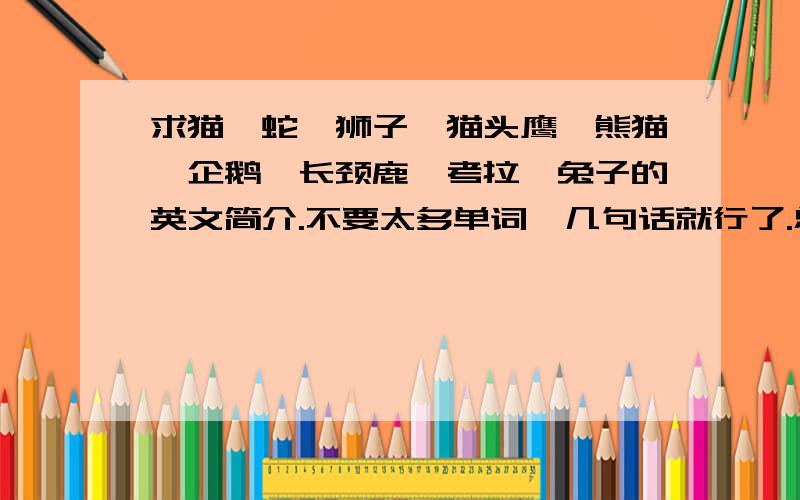 求猫、蛇、狮子、猫头鹰、熊猫、企鹅、长颈鹿、考拉、兔子的英文简介.不要太多单词,几句话就行了.总字数大约是一张A4纸的三分之一,字不要太大也不要太小,（初一下册水平）