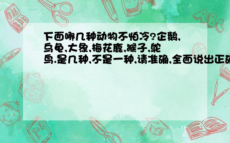 下面哪几种动物不怕冷?企鹅,乌龟,大象,梅花鹿,猴子,鸵鸟.是几种,不是一种,请准确,全面说出正确答案