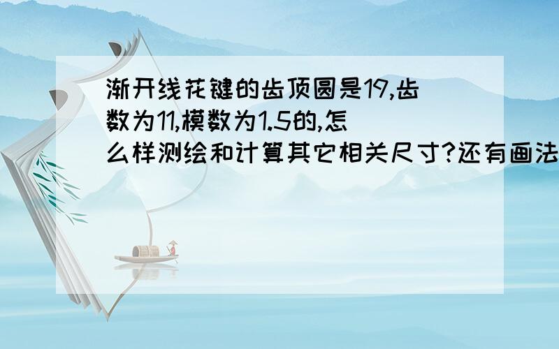 渐开线花键的齿顶圆是19,齿数为11,模数为1.5的,怎么样测绘和计算其它相关尺寸?还有画法?