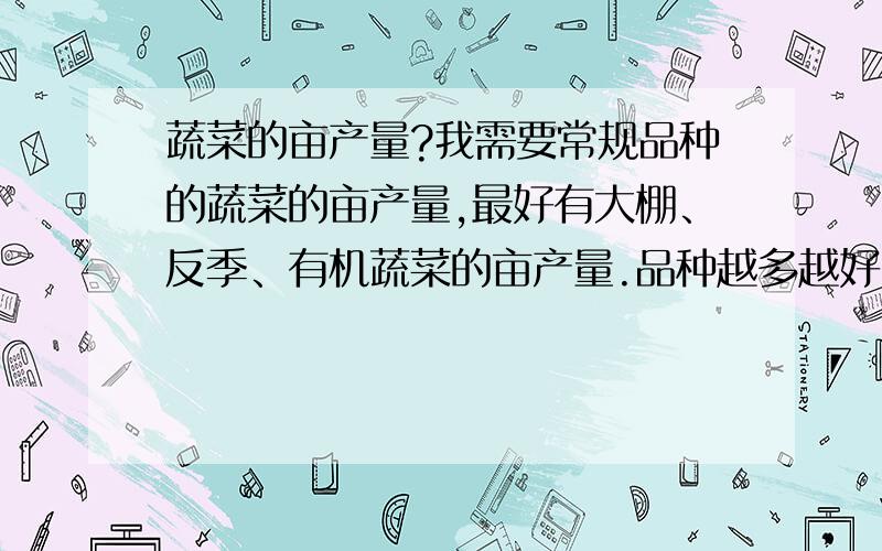 蔬菜的亩产量?我需要常规品种的蔬菜的亩产量,最好有大棚、反季、有机蔬菜的亩产量.品种越多越好,比如青菜、萝卜、茄子…… 主要是江苏范围的,网上搜不到类似数据的东西～悲剧