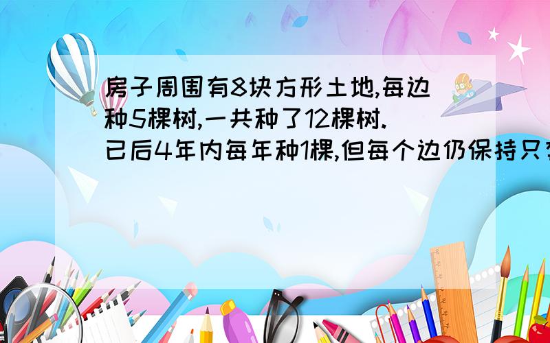 房子周围有8块方形土地,每边种5棵树,一共种了12棵树.已后4年内每年种1棵,但每个边仍保持只有5棵.问怎么种在这8块地上?是一个正方形，中间是小房子，周围四边共8个小方块