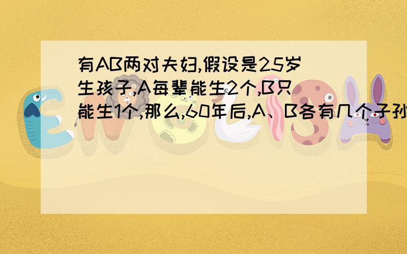 有AB两对夫妇,假设是25岁生孩子,A每辈能生2个,B只能生1个,那么,60年后,A、B各有几个子孙