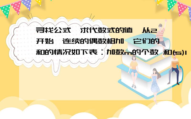 寻找公式,求代数式的值,从2开始,连续的偶数相加,它们的和的情况如下表：加数m的个数 和(s)1 2=1×22 2＋4=6=2×33 2＋4＋6=12=3×44 2＋4＋6＋8=20=4×55 2＋4＋6＋8＋10=30=5×6…… ……1.当n个最小的连续