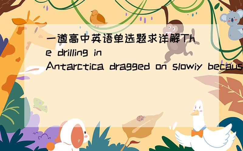 一道高中英语单选题求详解The drilling in Antarctica dragged on slowiy because of lack of money ,equipment breakdowns,environmental______and severe coldA concernsB assumptionC occupationsD ignorance为什么选A,然后翻译下,没看懂