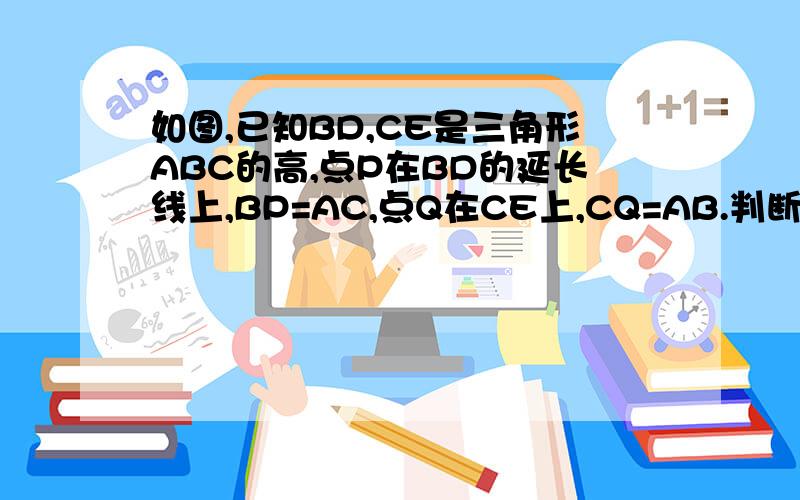 如图,已知BD,CE是三角形ABC的高,点P在BD的延长线上,BP=AC,点Q在CE上,CQ=AB.判断线段AP和AQ的关系.