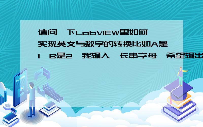 请问一下LabVIEW里如何实现英文与数字的转换比如A是1,B是2,我输入一长串字母,希望输出它们所对应的数字