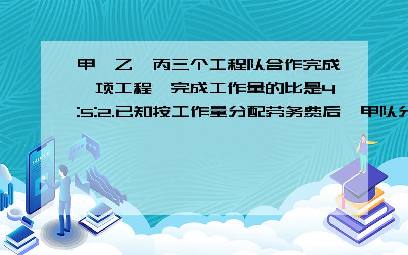 甲、乙、丙三个工程队合作完成一项工程,完成工作量的比是4:5:2.已知按工作量分配劳务费后,甲队分得4.8万元.这项工程的劳务费总数是多少万元?请列算式哦