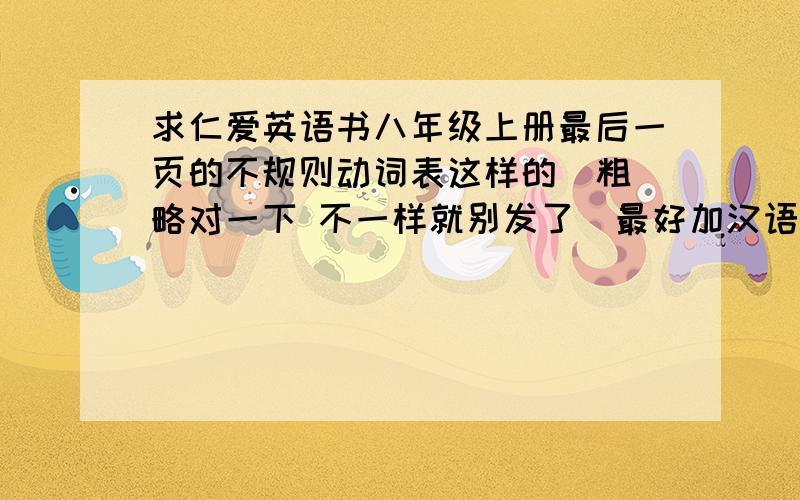 求仁爱英语书八年级上册最后一页的不规则动词表这样的  粗略对一下 不一样就别发了  最好加汉语 唉寒假作业 结果英语书掉了   有得帮我发一下吧  要所有的     急!