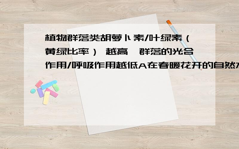 植物群落类胡萝卜素/叶绿素（黄绿比率） 越高,群落的光合作用/呼吸作用越低A在春暖花开的自然水域,胡萝卜素/叶绿素 有所升高B在水稻收获季节,群落光合作用/呼吸作用可能较高C幼年栽培