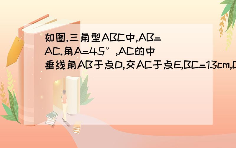 如图,三角型ABC中,AB=AC.角A=45°,AC的中垂线角AB于点D,交AC于点E,BC=13cm,DC=12cm,求∠BCD的度数及三角形ABC的周长和面积