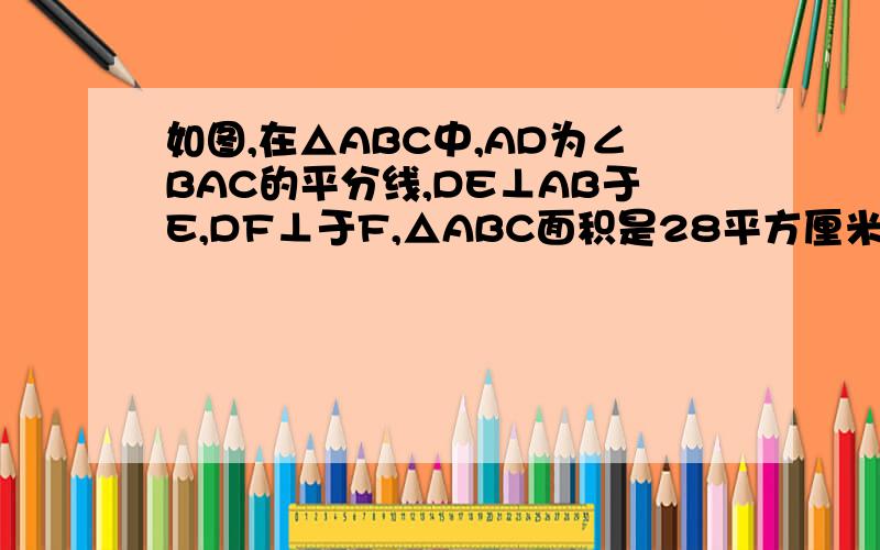 如图,在△ABC中,AD为∠BAC的平分线,DE⊥AB于E,DF⊥于F,△ABC面积是28平方厘米,AB=16cm,AC=12cm,求DE的长