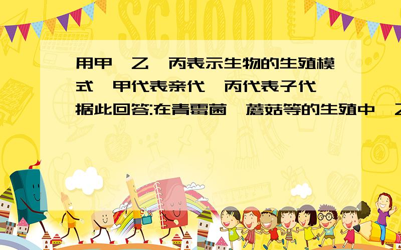 用甲→乙→丙表示生物的生殖模式,甲代表亲代,丙代表子代,据此回答:在青霉菌、蘑菇等的生殖中,乙应是________；在水螅、酵母菌等无性生殖中,乙应是________；在绿色植物的营养繁殖中,乙应