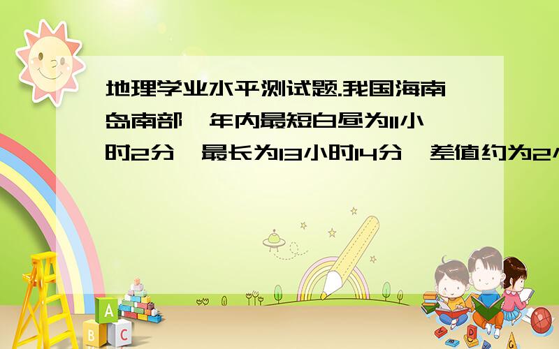 地理学业水平测试题.我国海南岛南部一年内最短白昼为11小时2分,最长为13小时14分,差值约为2小时；漠河一年内最短白昼为7小时左右,最长达17小时,差值约为10小时.下列关于昼夜长短和正午太